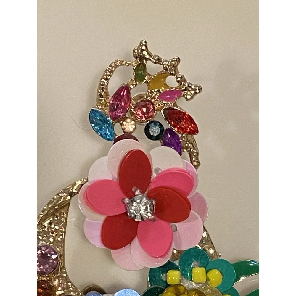 Vintage Flowers and Palm Leaf Drop Pierced Earrings 3.5 Inches Long Multi-color